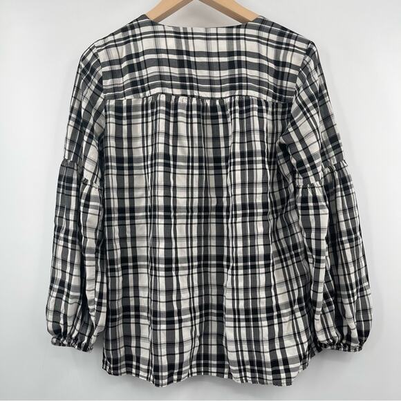 LOFT ANN TAYLOR Top Peplum Plaid Blouson Henley B&W Business Casual Size Small - Picture 4 of 11
